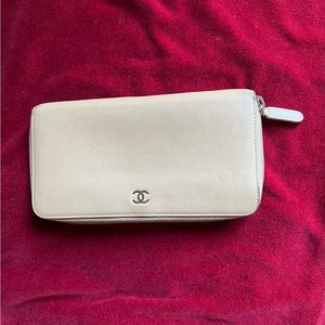 Beige Chanel Caviar Leather CC Logo Timeless Zip Continental Wallet.#16777755